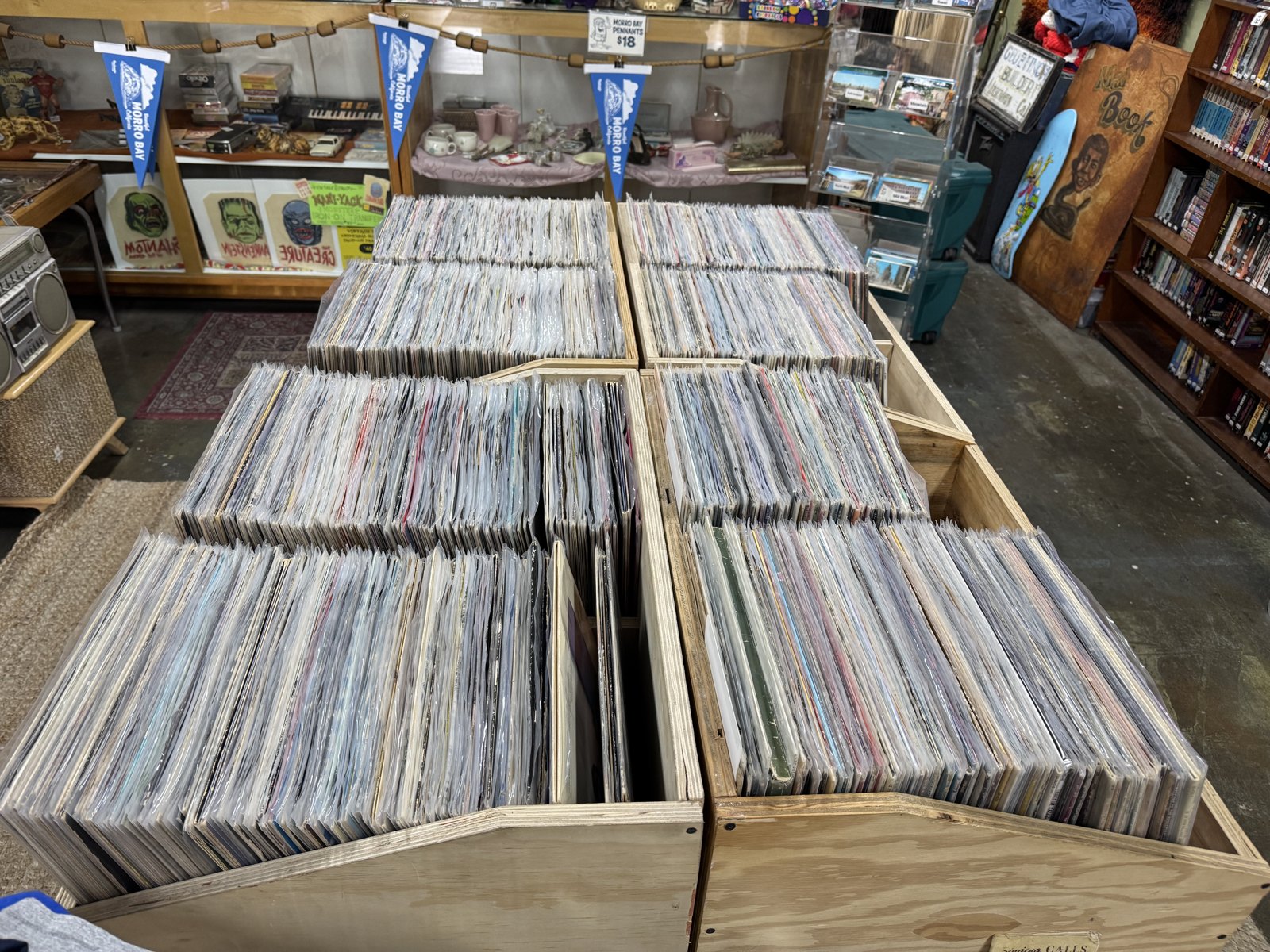 Rows of vinyl record bins inside Beachcomber Vintage.